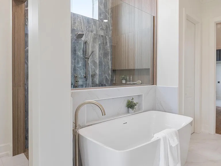 Legendary Contractors 2025 Parade of Homes, 201 Ivy Cottage, Primary Bathroom Shower Glass with brushed nickel u-channel
